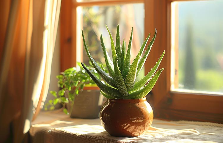 Aloe vera Pflanze steht auf einem Fensterbrett in der Sonne.