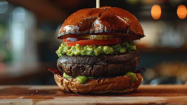 Ein Burger mit einem Patty aus Pilzen als Fleischersatz liegt auf einem Holzbrett.