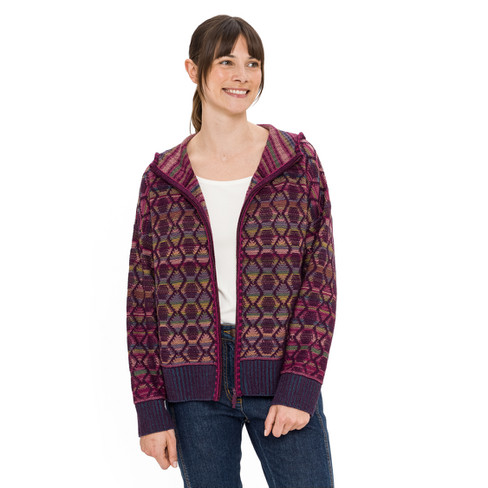 Jacquard-Strickjacke mit Zipper aus reiner Bio-Merinowolle, pflaume gemustert