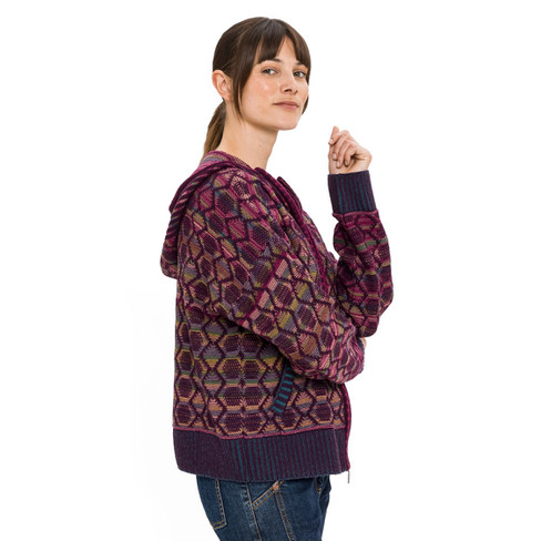 Jacquard-Strickjacke mit Zipper aus reiner Bio-Merinowolle, pflaume gemustert