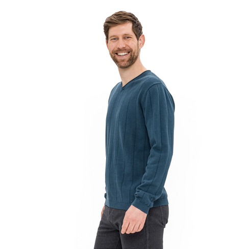 Pullover mit V-Ausschnitt aus Hanf und Bio-Baumwolle, meerblau